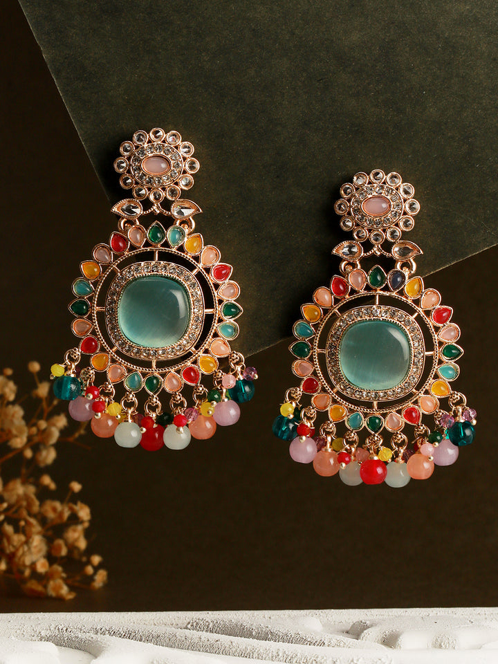 Multicolor Studded Floral Beaded Gold-Plated Drop Earrings