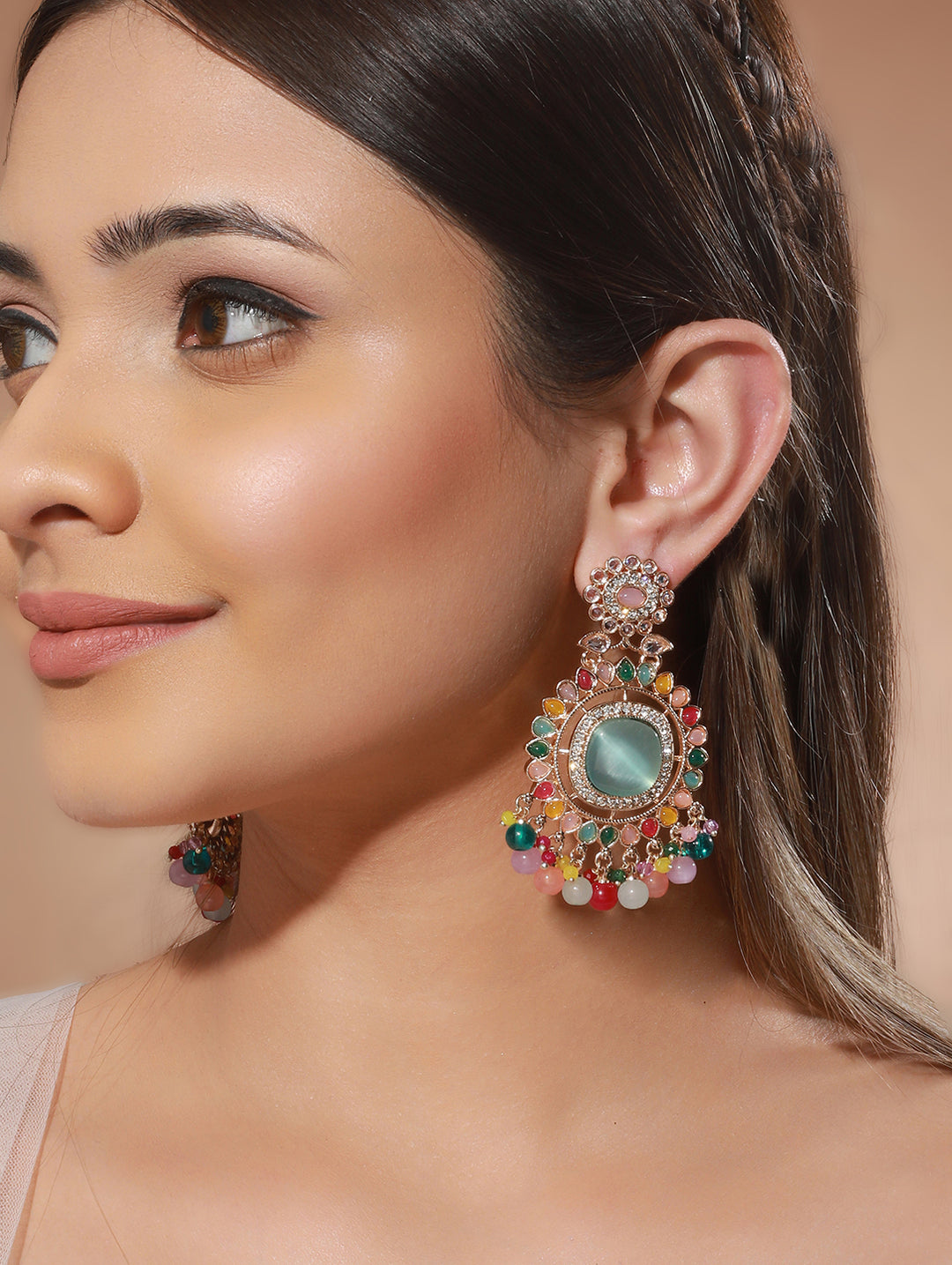 Multicolor Studded Floral Beaded Gold-Plated Drop Earrings