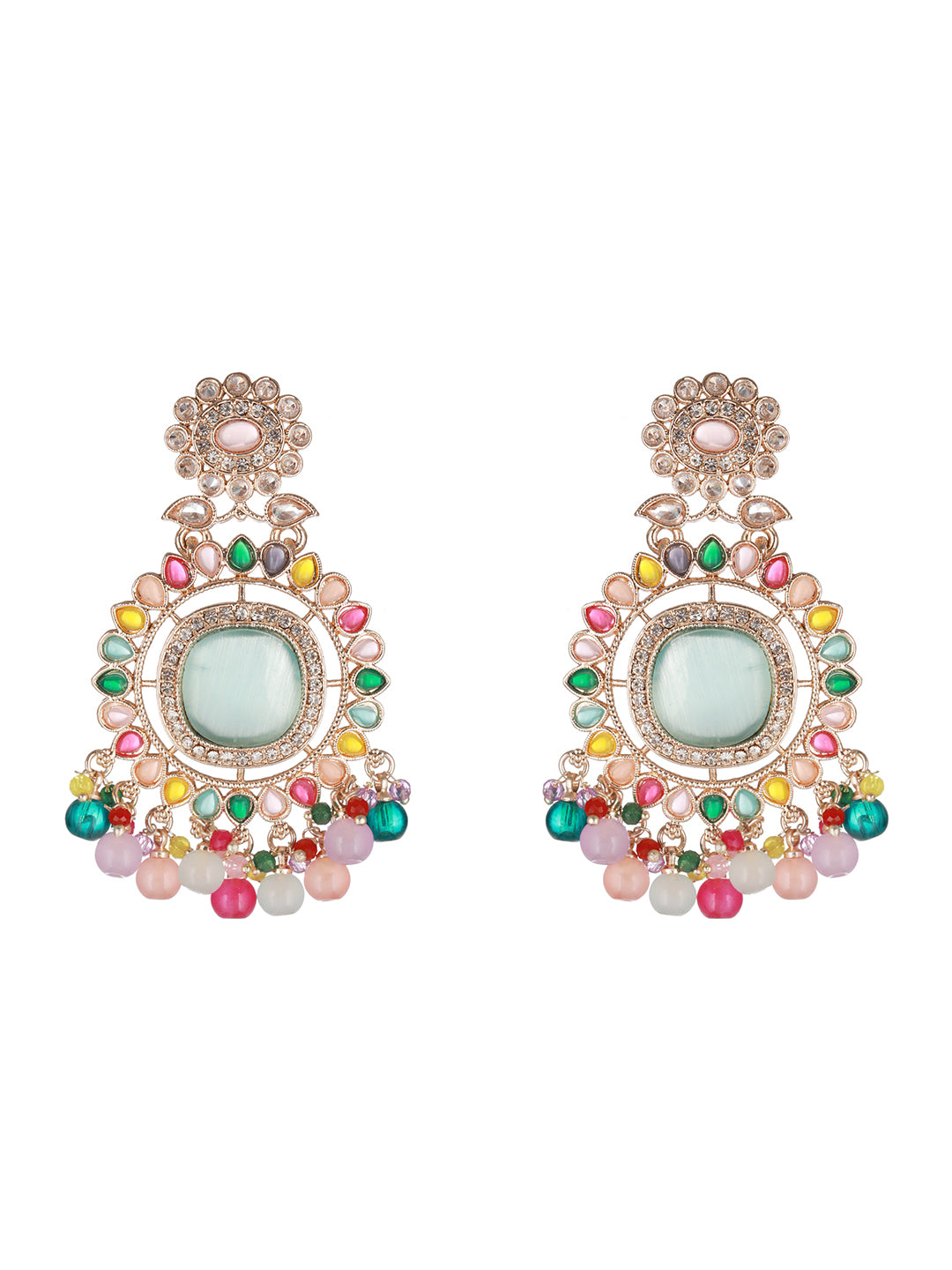 Multicolor Studded Floral Beaded Gold-Plated Drop Earrings