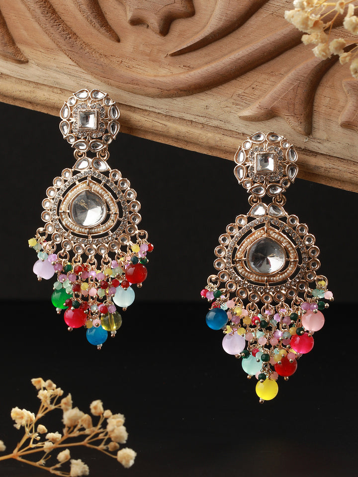 Multicolor Floral Stone Studded Beaded Gold-Plated Drop Earrings
