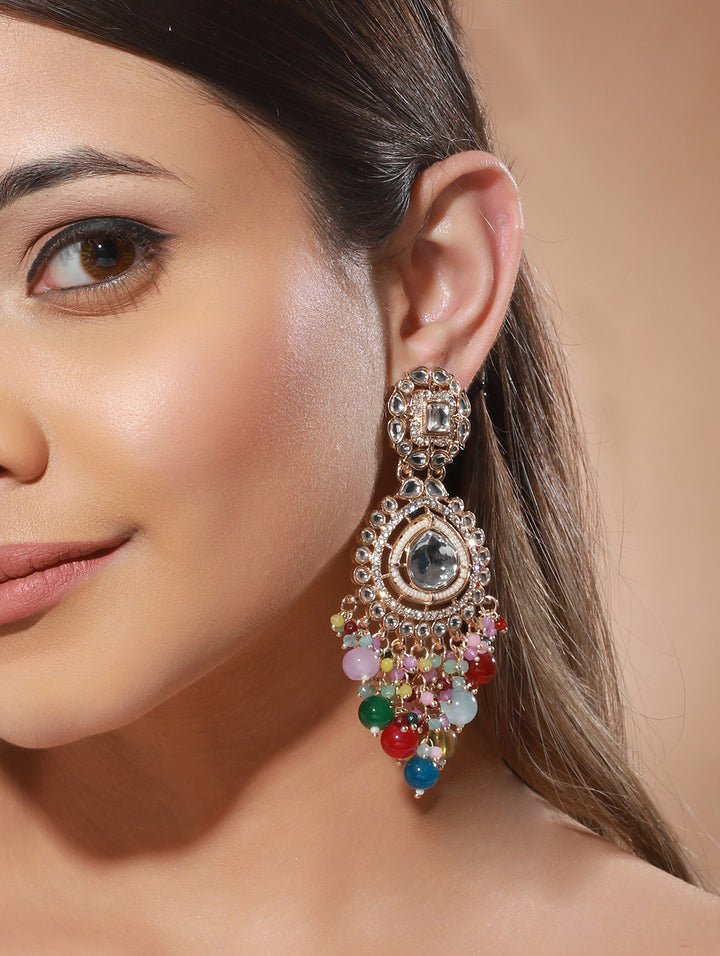 Multicolor Floral Stone Studded Beaded Gold-Plated Drop Earrings