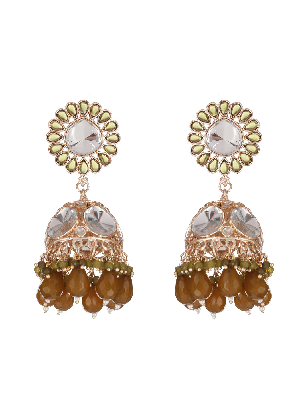 Mehandi Green Studded Floral Gold-Plated Jhumka Drop Earrings
