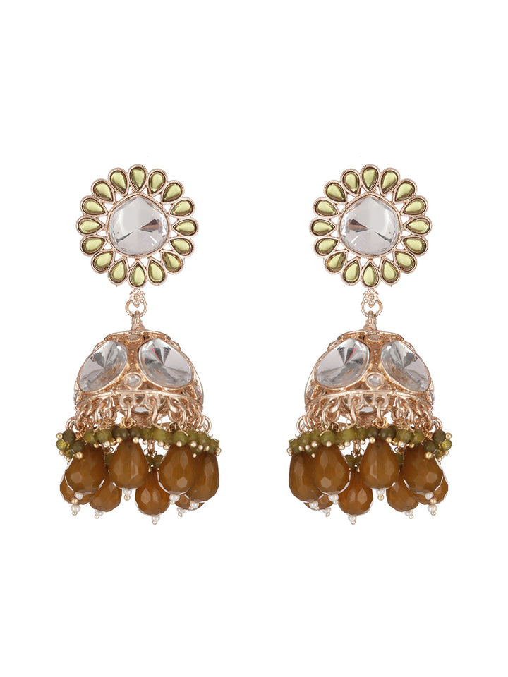 Mehandi Green Studded Floral Gold-Plated Jhumka Drop Earrings