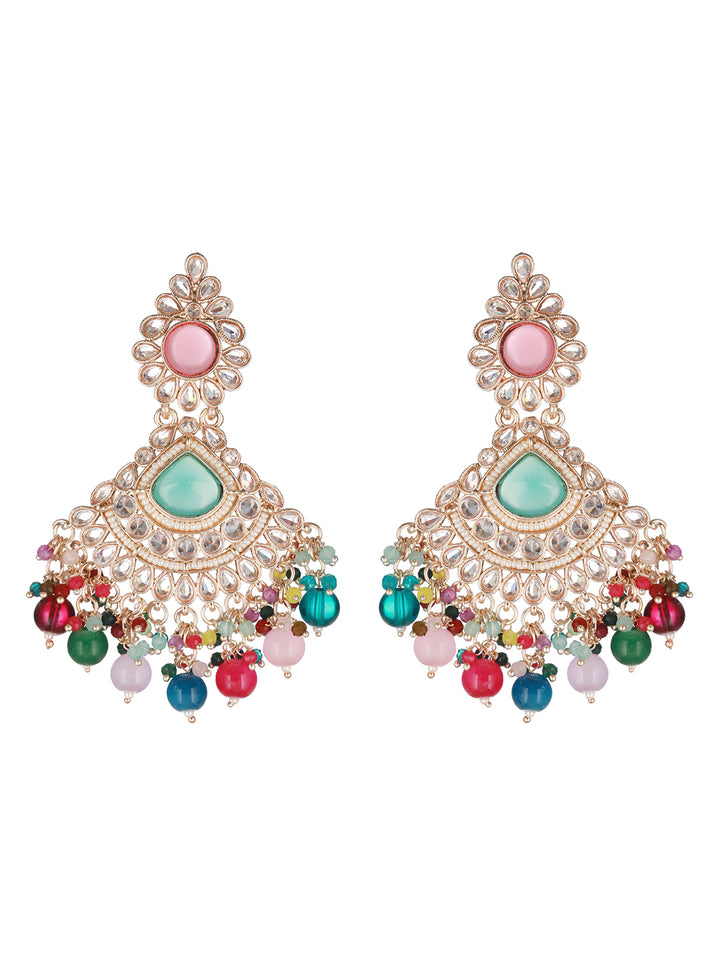 Studded Multicolor Leaf Design Beaded Gold-Plated Earrings