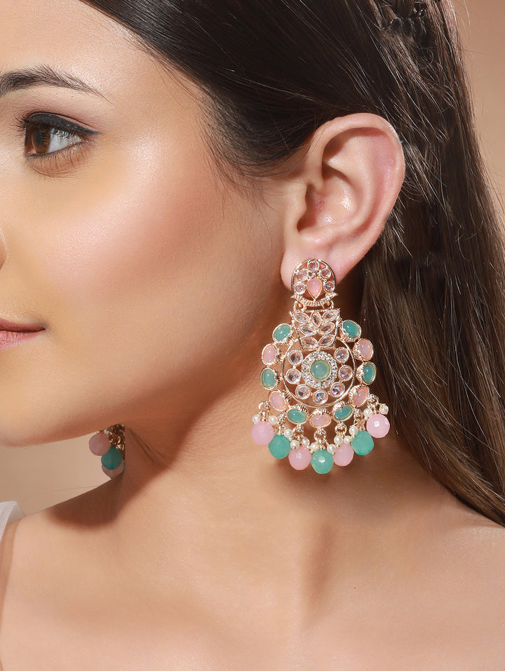 Pretty Pastel-Toned Floral Studded Gold-Plated Drop Earrings