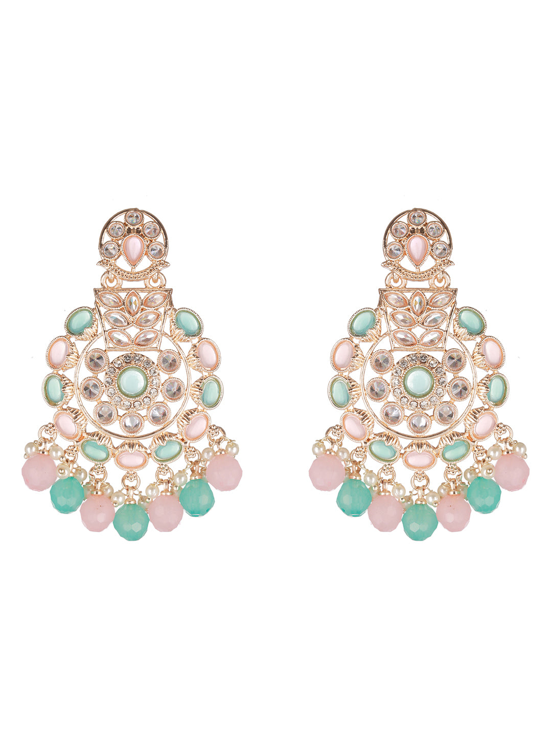 Pretty Pastel-Toned Floral Studded Gold-Plated Drop Earrings
