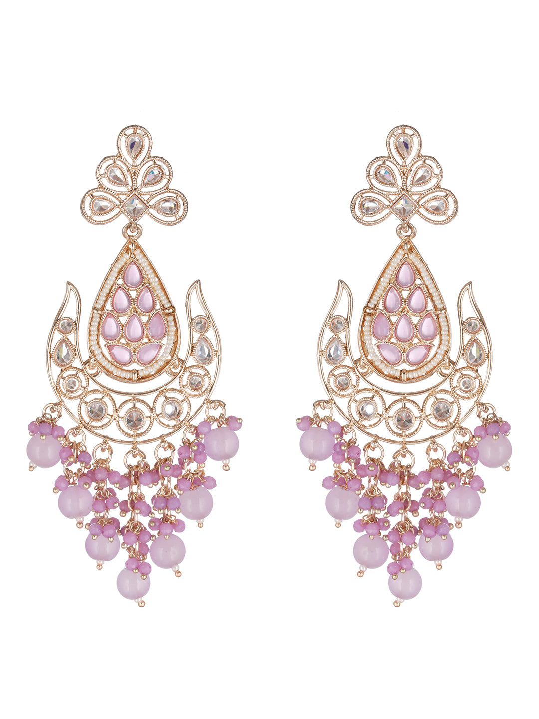 Purple Studded Leaf Beaded Gold-Plated Drop Earrings