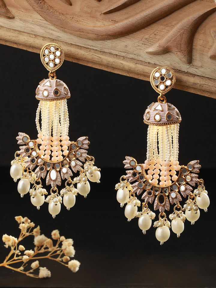 Pink Studded Leaf Beaded Chain Pearl Drop Gold-Plated Earrings