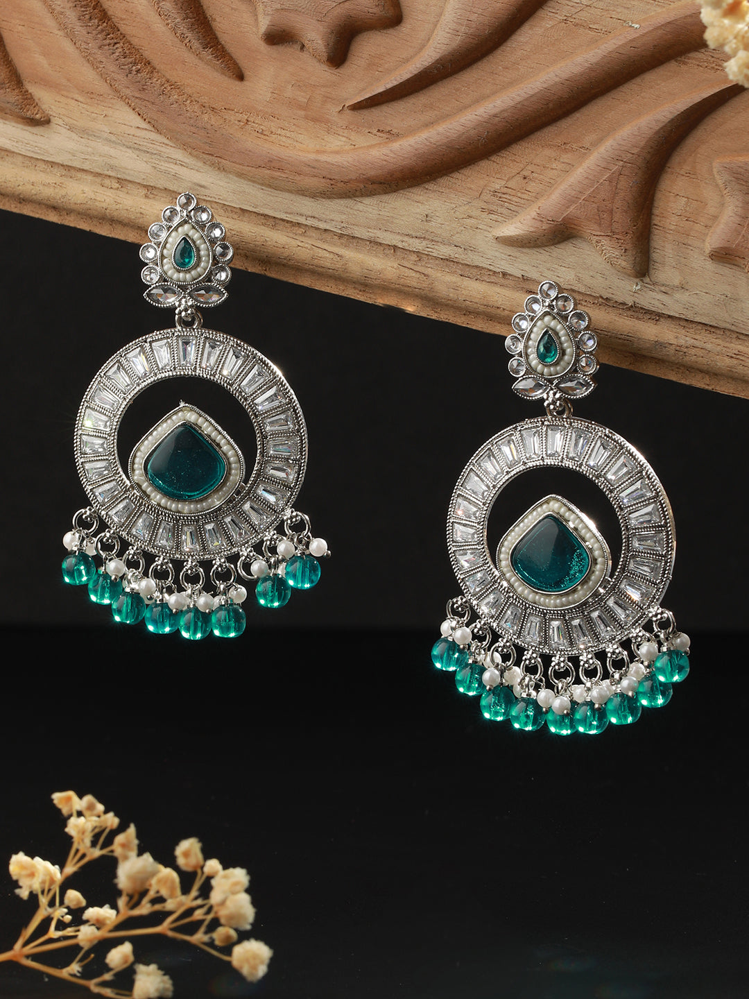 Studded Sea Green AD Silver-Plated Round Drop Earrings