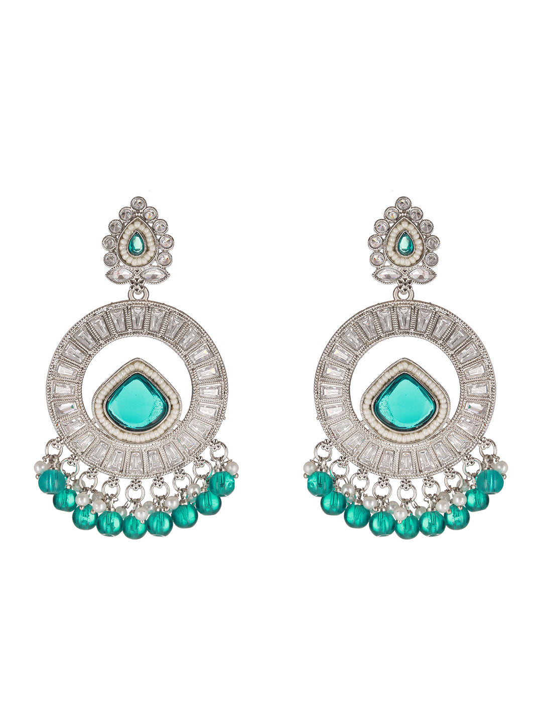 Studded Sea Green AD Silver-Plated Round Drop Earrings