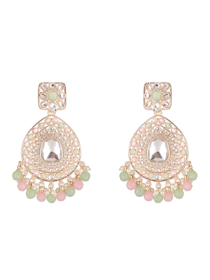 Pretty Pastel-Toned Studded Floral Beads Gold-Plated Drop Earrings