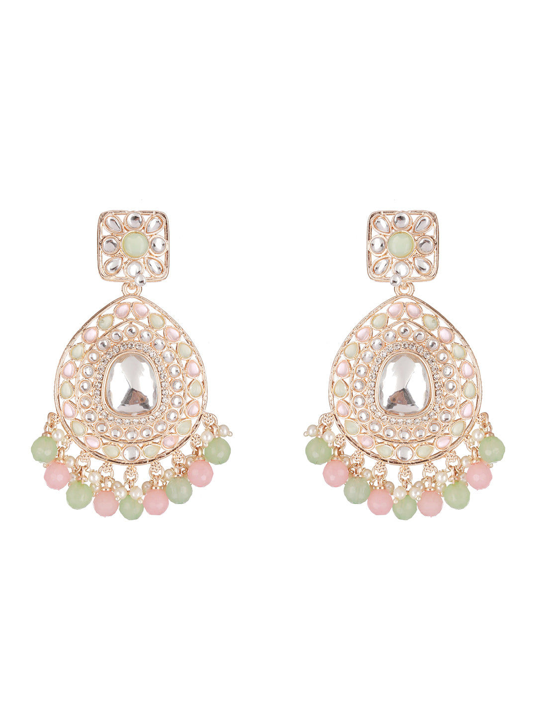 Pretty Pastel-Toned Studded Floral Beads Gold-Plated Drop Earrings