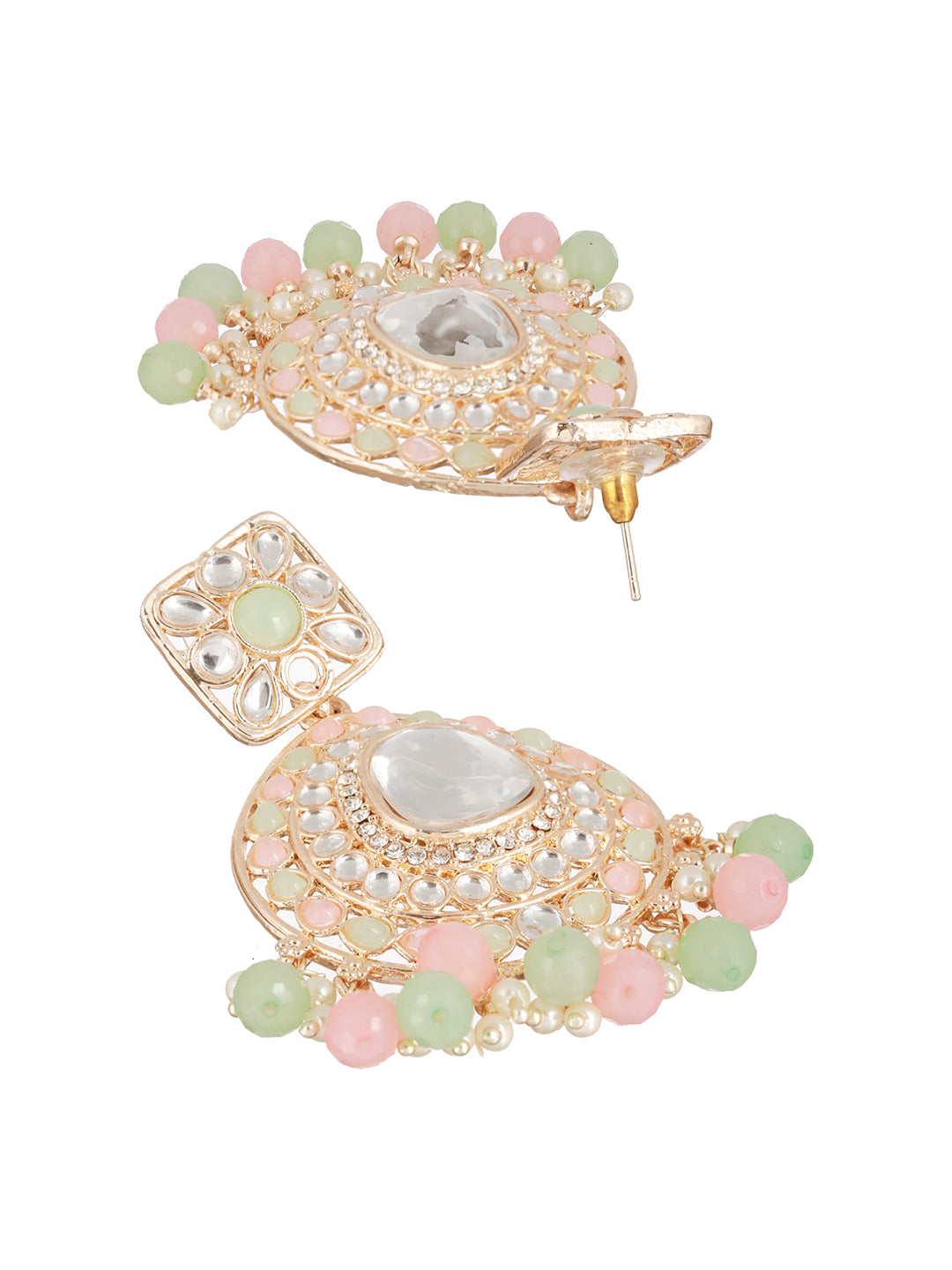 Pretty Pastel-Toned Studded Floral Beads Gold-Plated Drop Earrings