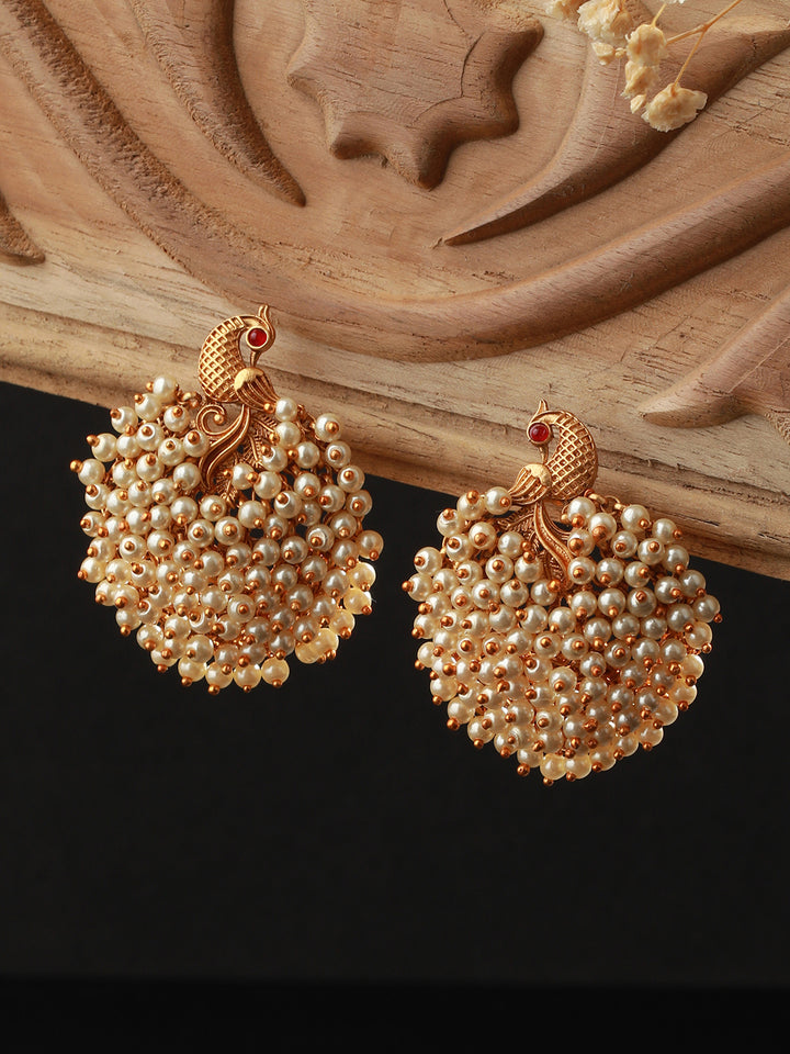 Studded Peacock Pearl Gold-Plated Drop Earrings