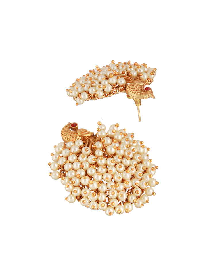 Studded Peacock Pearl Gold-Plated Drop Earrings