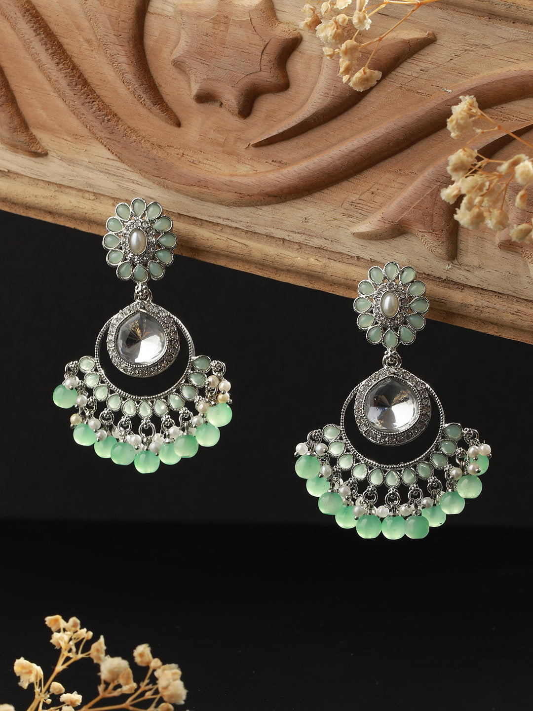 Mint Green Floral AD Beaded Silver-Plated Drop Earrings