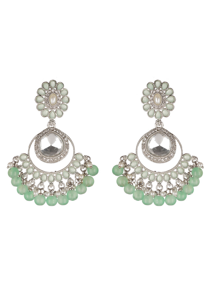 Mint Green Floral AD Beaded Silver-Plated Drop Earrings