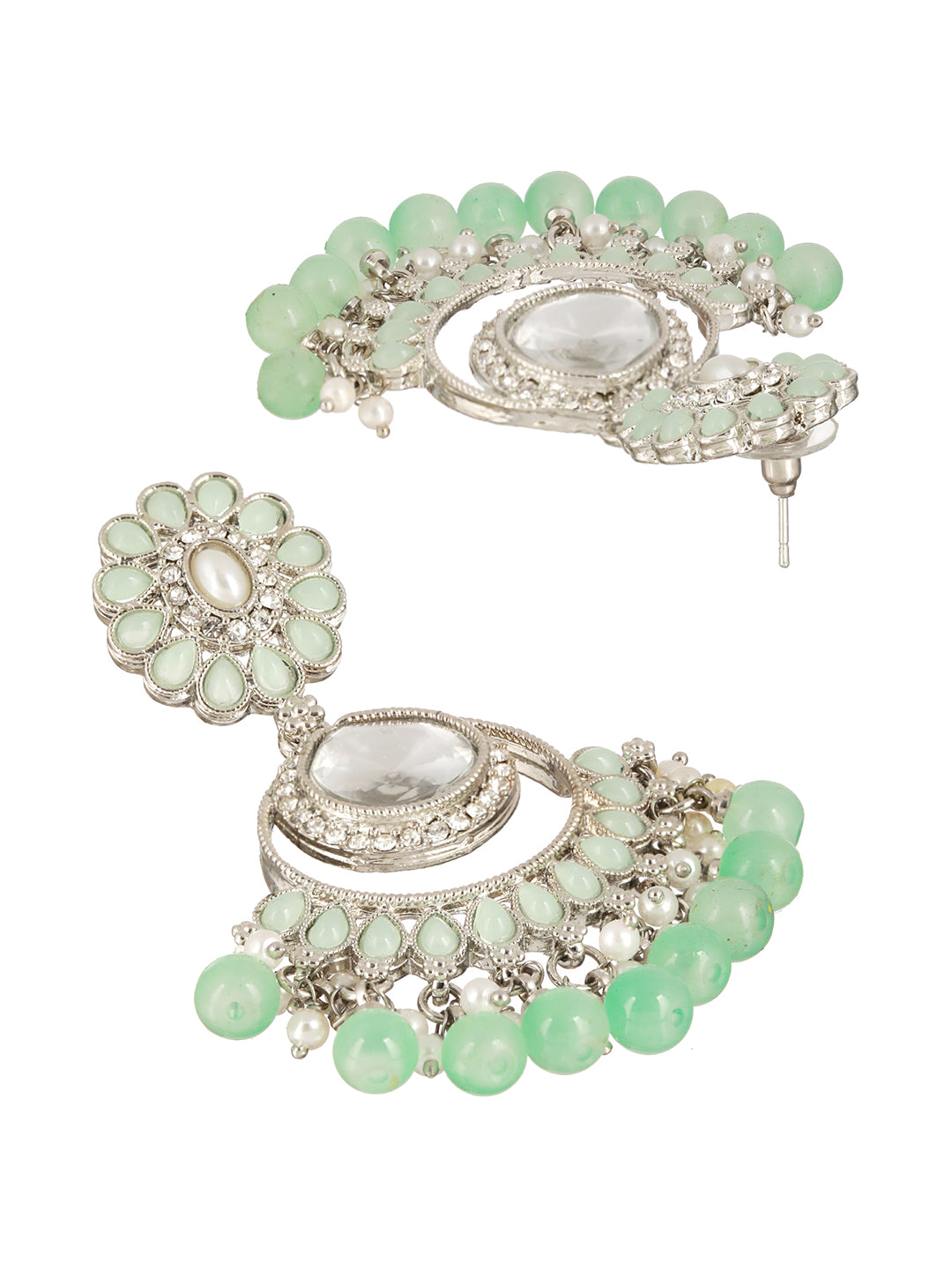 Mint Green Floral AD Beaded Silver-Plated Drop Earrings