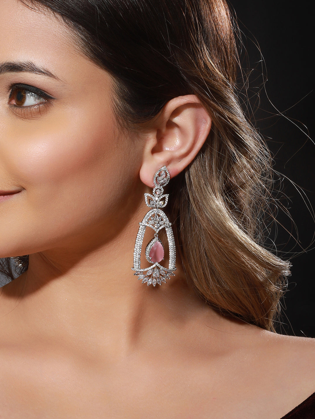 Pink Leaf American Diamond Silver-Plated Drop Earrings