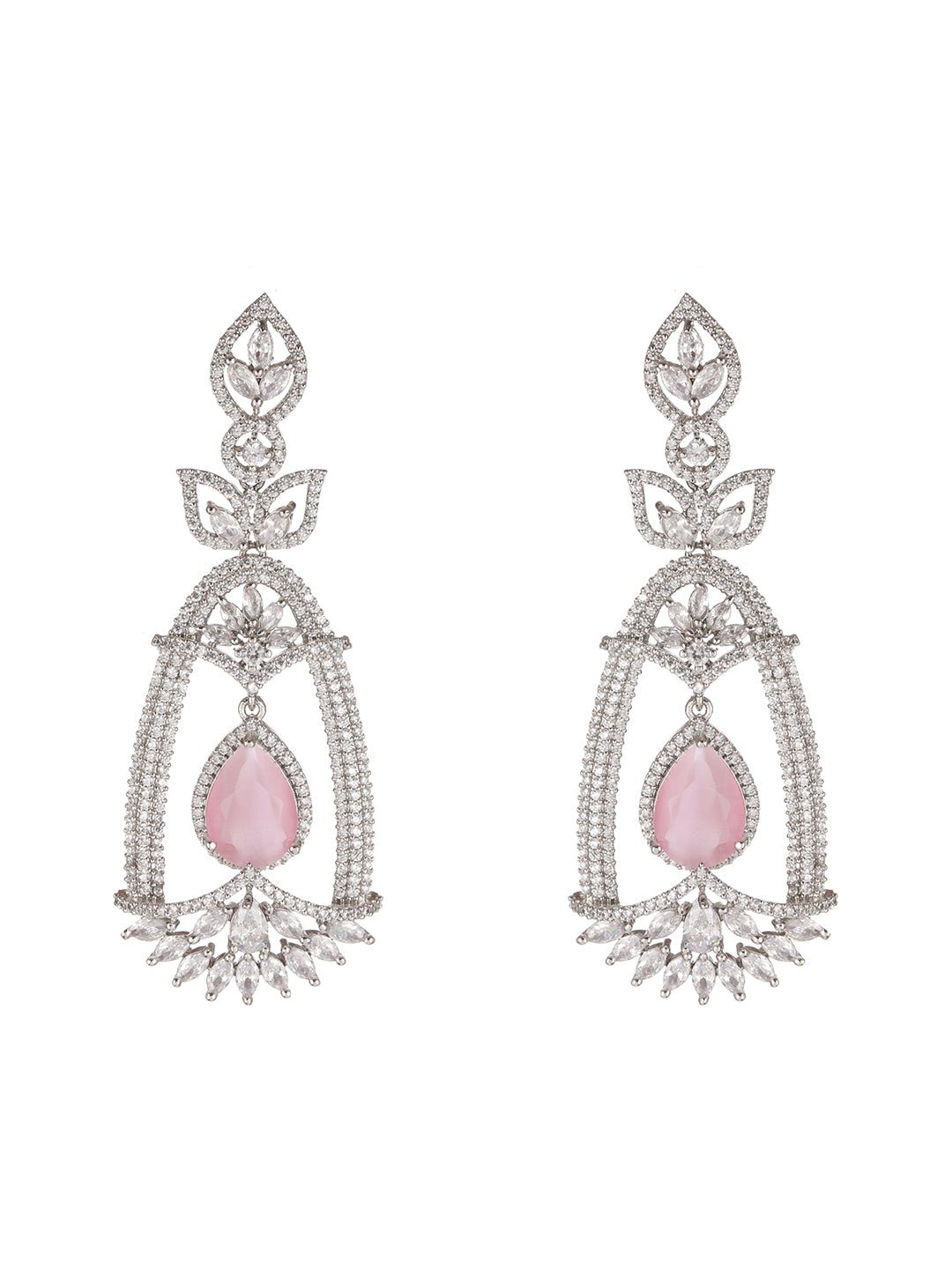 Pink Leaf American Diamond Silver-Plated Drop Earrings