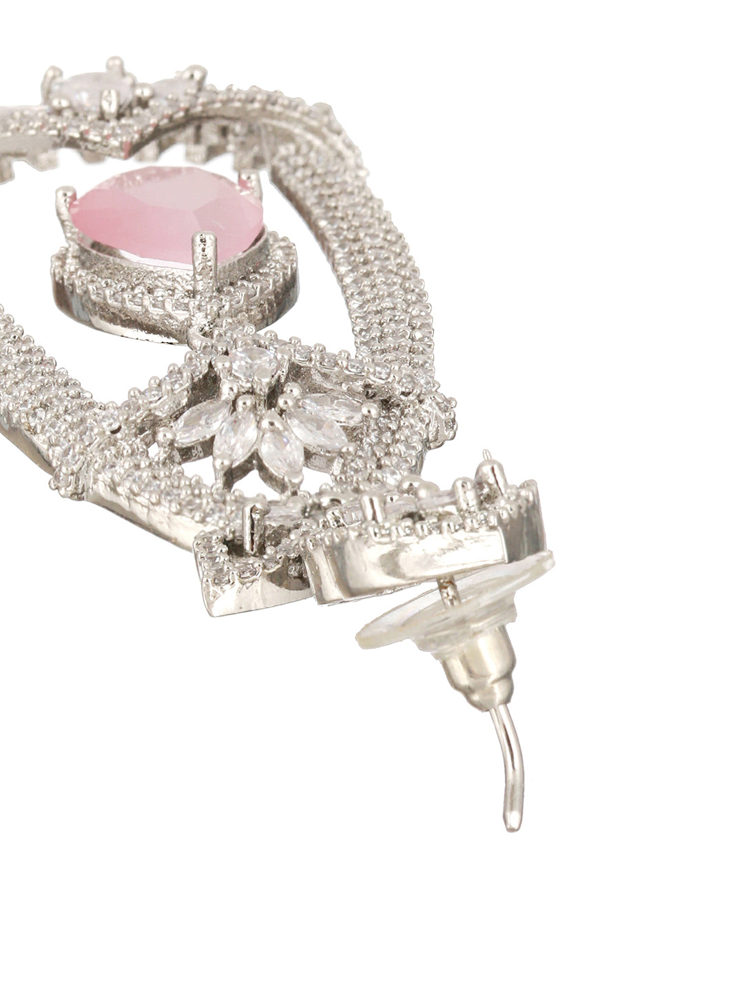 Pink Leaf American Diamond Silver-Plated Drop Earrings