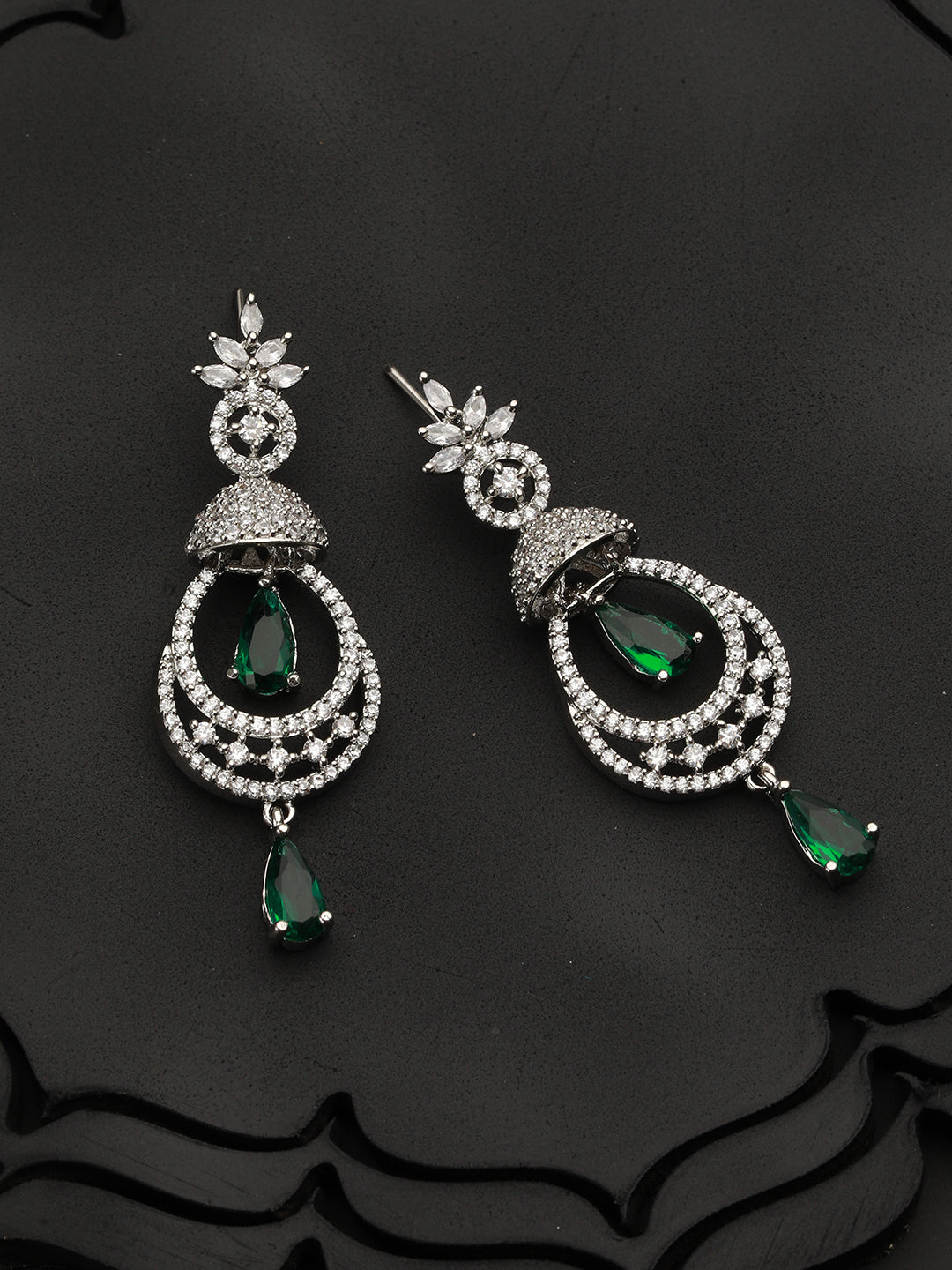 Green American Diamond Jhumka Leaf Drop Silver-Plated Earrings