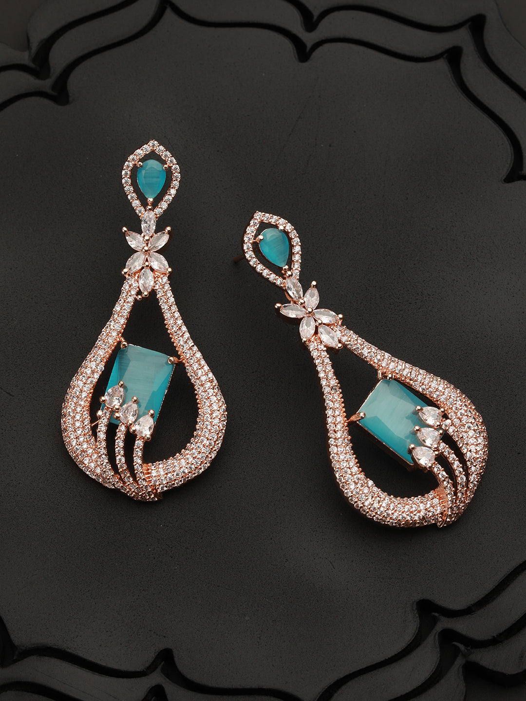 Sky Blue Leaf Design American Diamond Rose Gold-Plated Drop Earrings