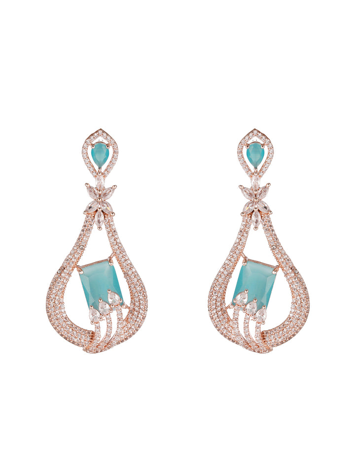 Sky Blue Leaf Design American Diamond Rose Gold-Plated Drop Earrings