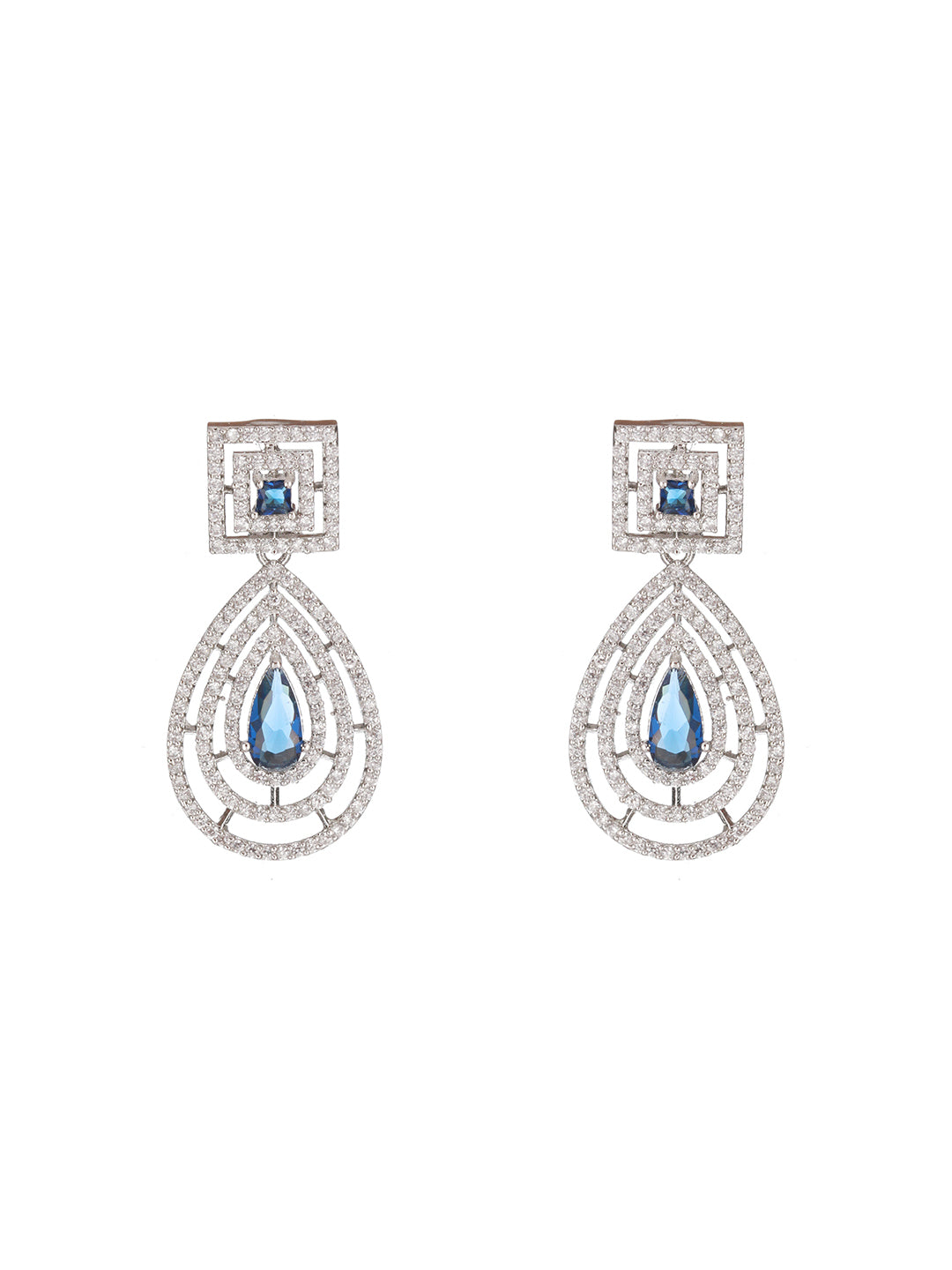 Blue American Diamond Block Leaf Halo Silver-Plated Drop Earrings