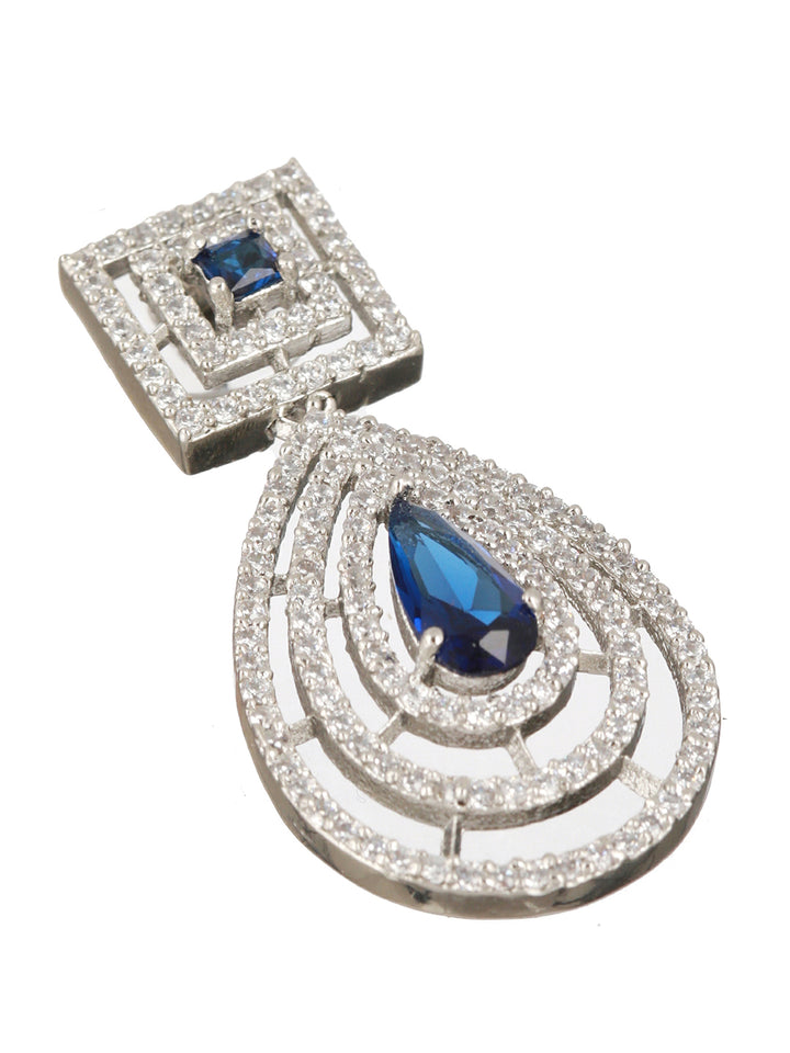Blue American Diamond Block Leaf Halo Silver-Plated Drop Earrings