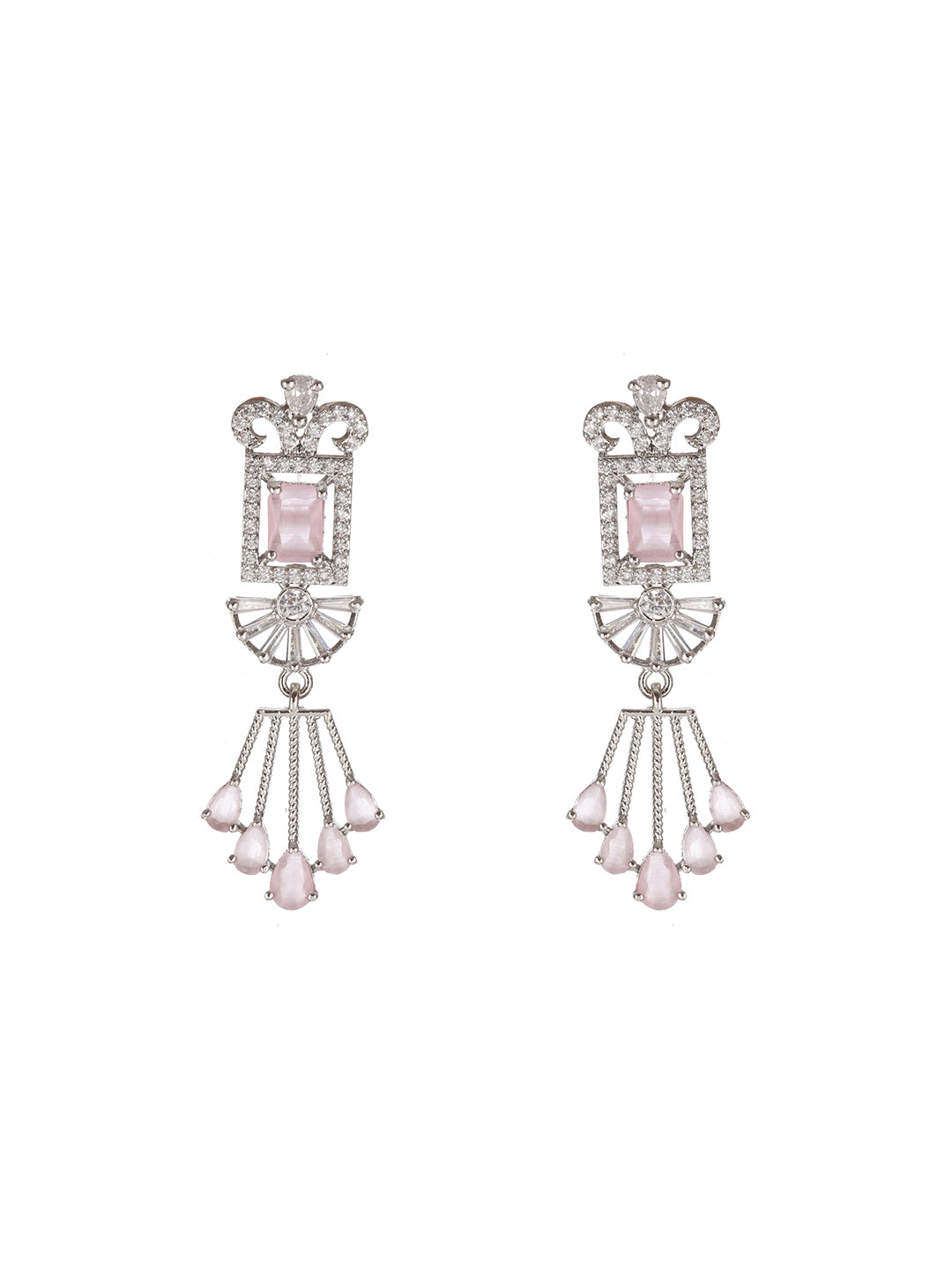 Pink American Diamond Half-Flower Block Silver-Plated Earrings