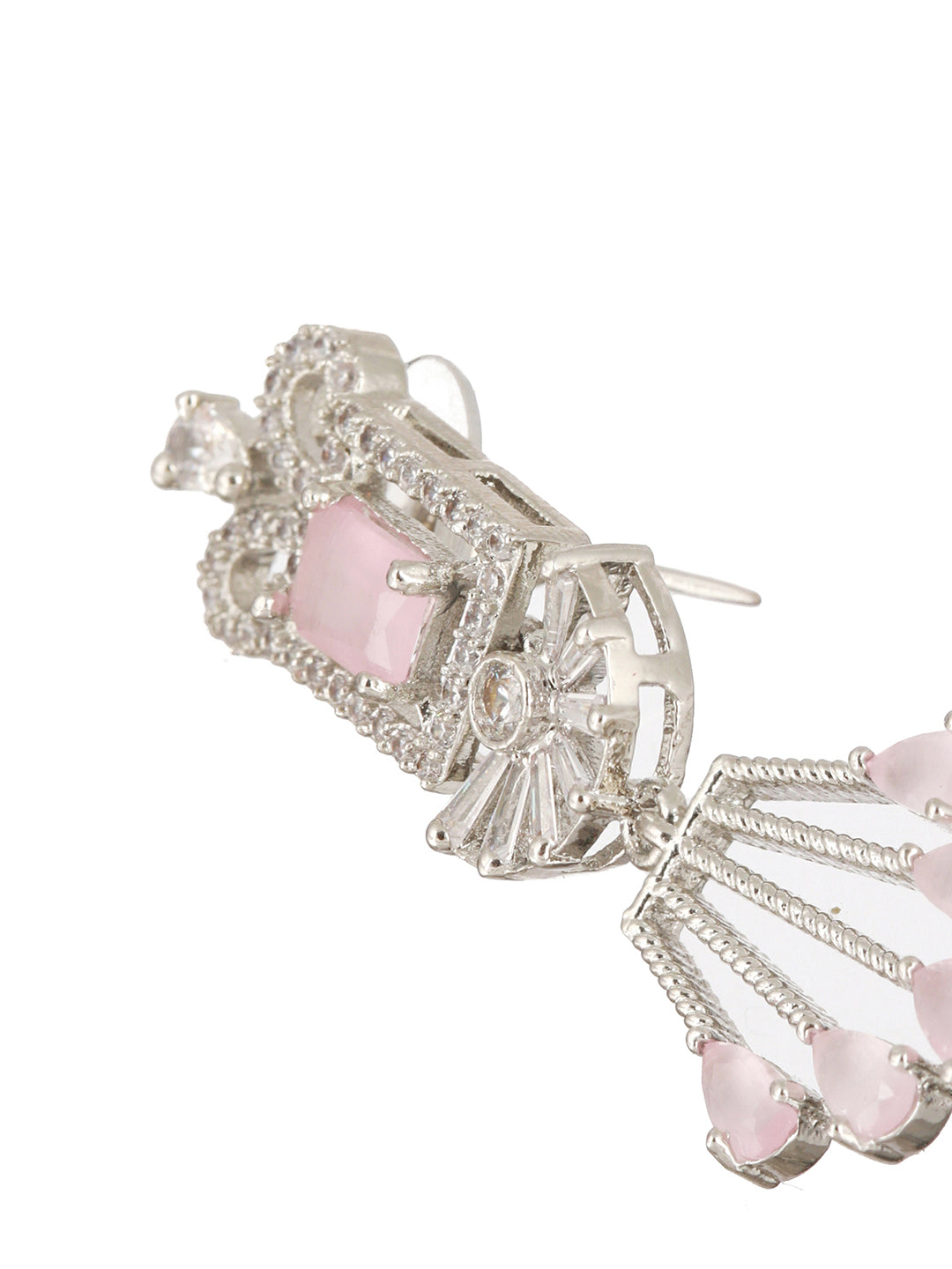 Pink American Diamond Half-Flower Block Silver-Plated Earrings