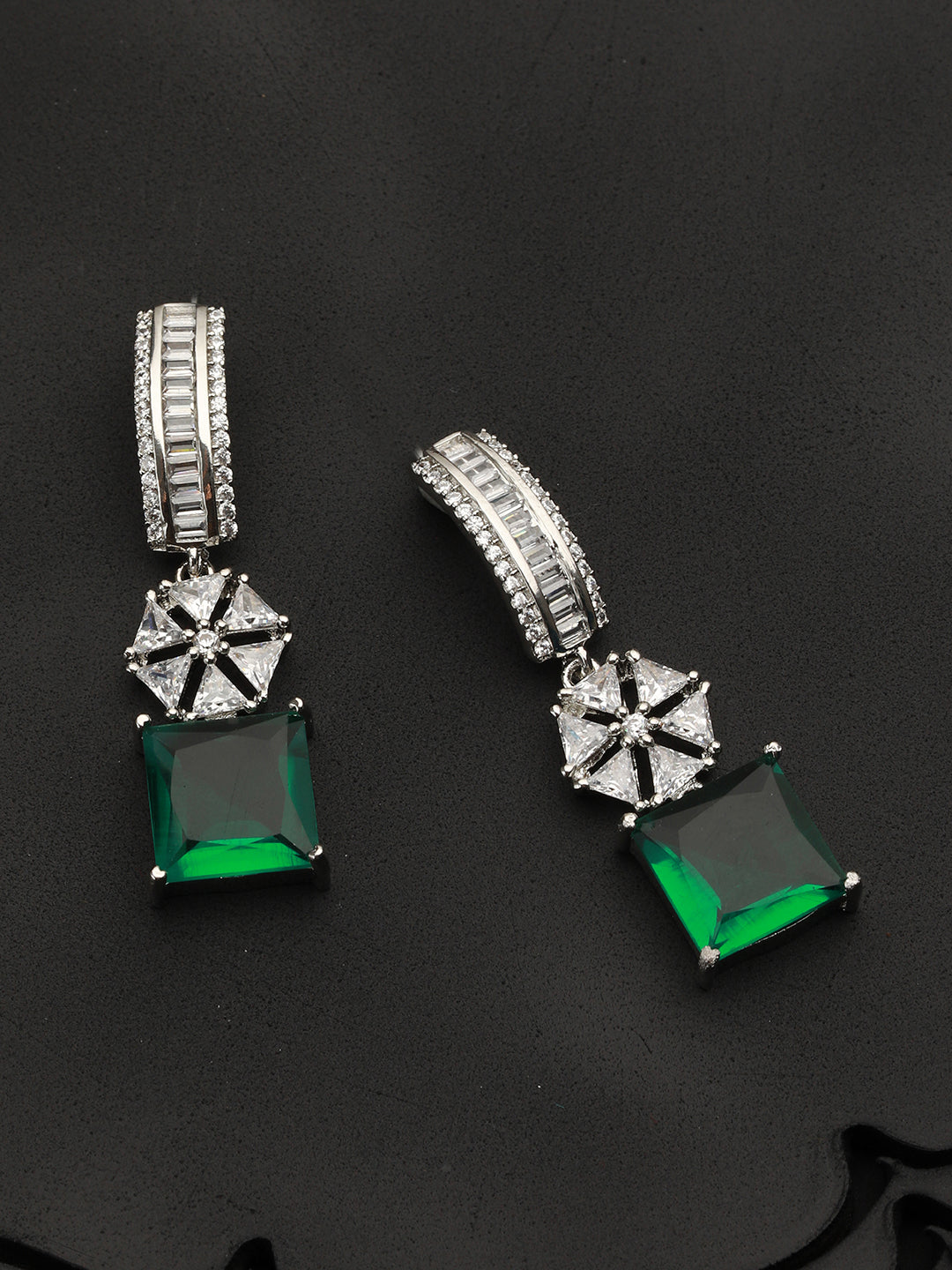 Green American Diamond Floral Block Silver-Plated Drop Earrings