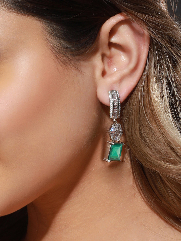 Green American Diamond Floral Block Silver-Plated Drop Earrings