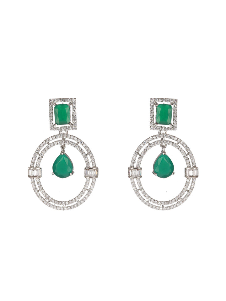 Green American Diamond Block Ring Drop Silver-Plated Earrings