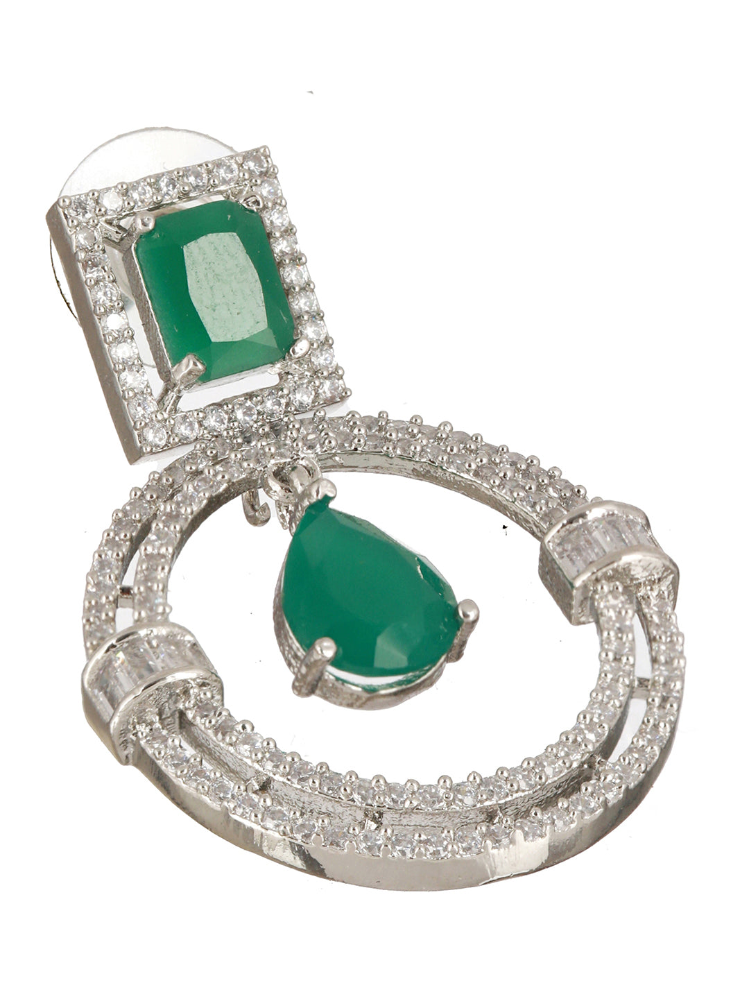 Green American Diamond Block Ring Drop Silver-Plated Earrings