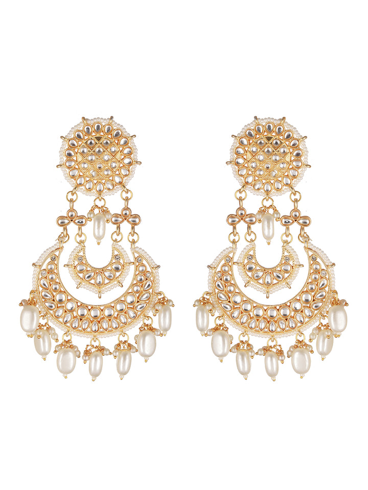White Floral Kundan Pearl Beads Gold-Plated Chandbali Drop Earrings