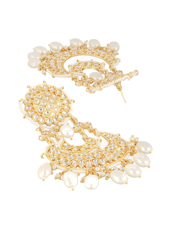 White Floral Kundan Pearl Beads Gold-Plated Chandbali Drop Earrings