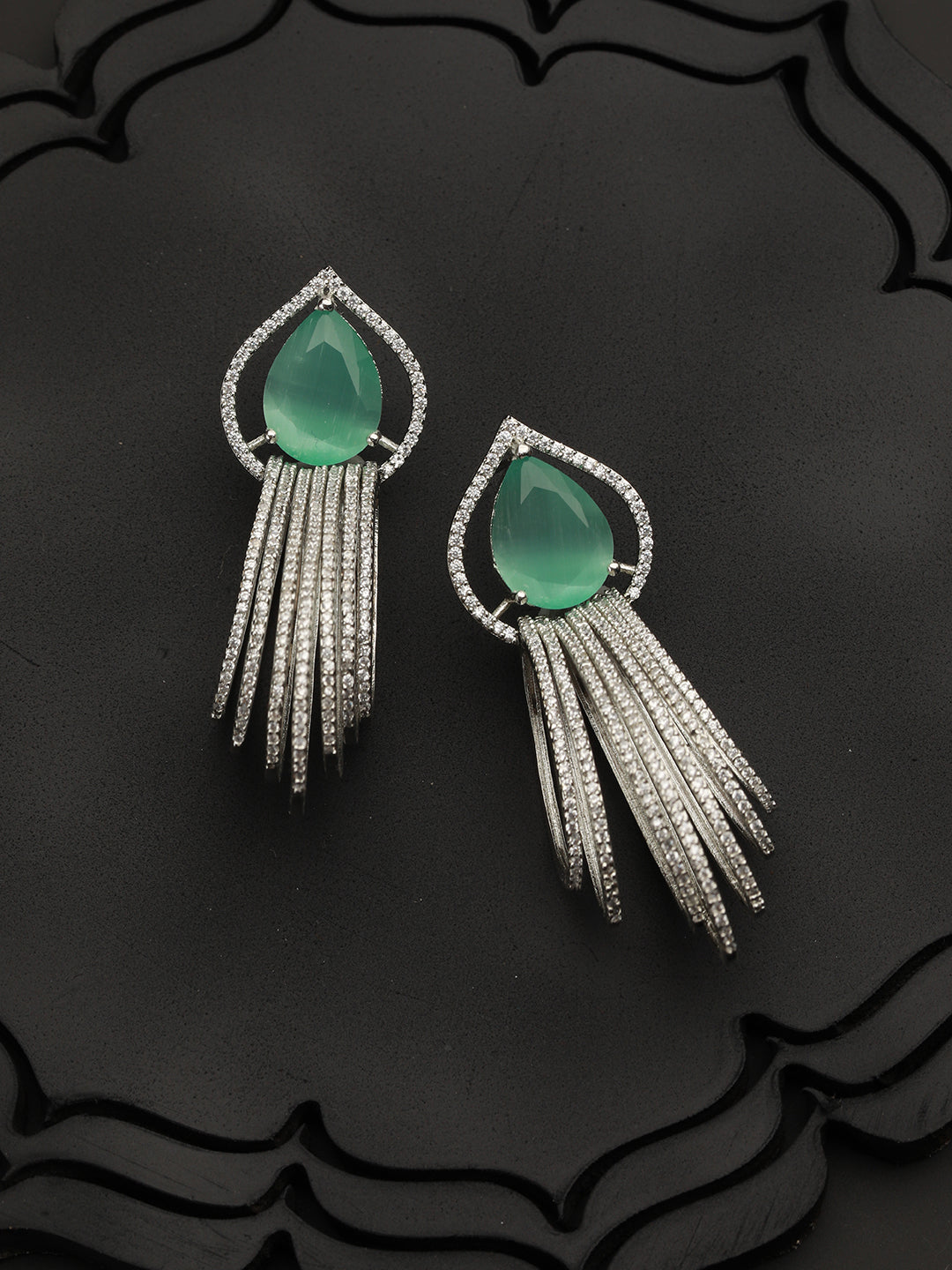 Mint Green Leaf Rings American Diamond Silver-Plated Earrings