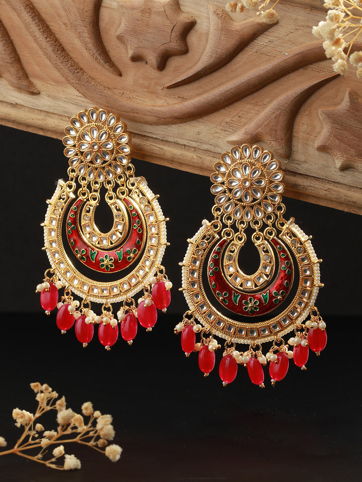 Red Floral Kundan Beaded Gold-Plated Chandbali Drop Earrings