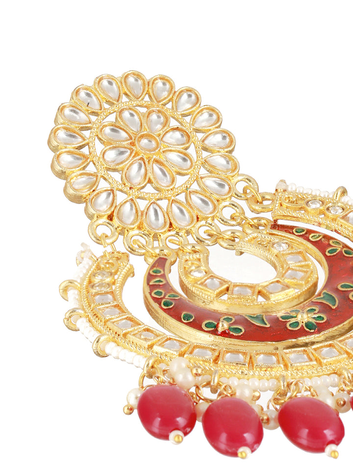 Red Floral Kundan Beaded Gold-Plated Chandbali Drop Earrings