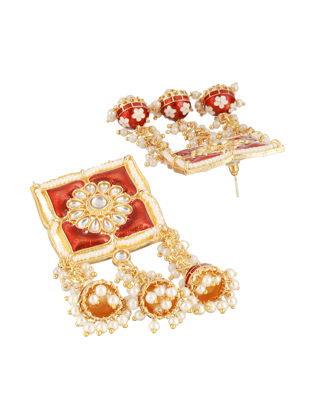 Red Floral Block Meenakari Jhumka Drop Gold-Plated Earrings