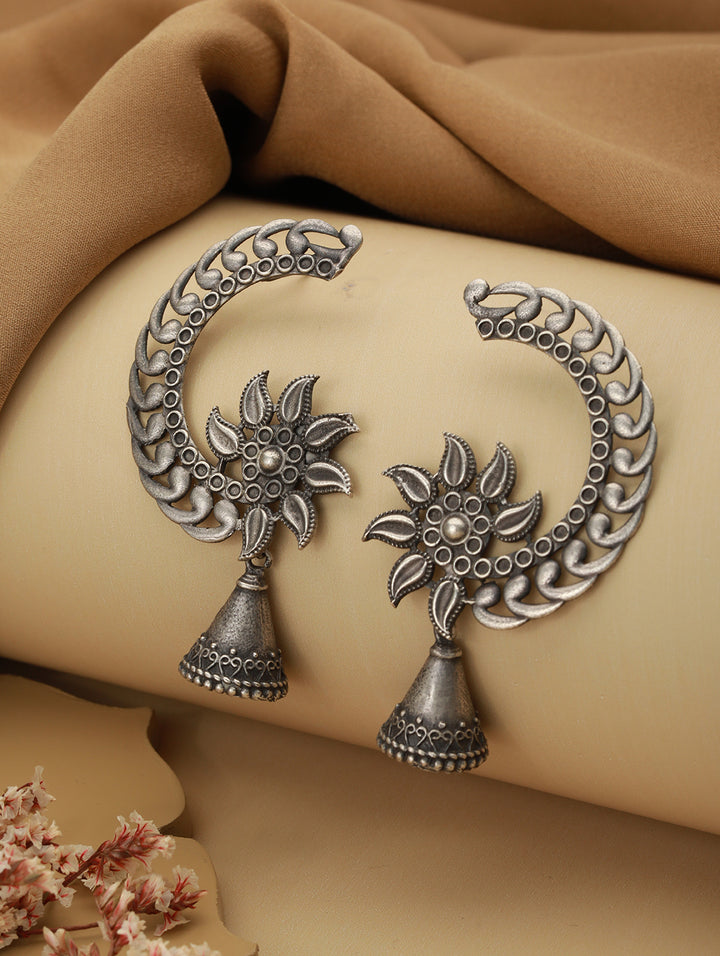 Oxidised Silver C-Flower Jhumka Drop Earrings