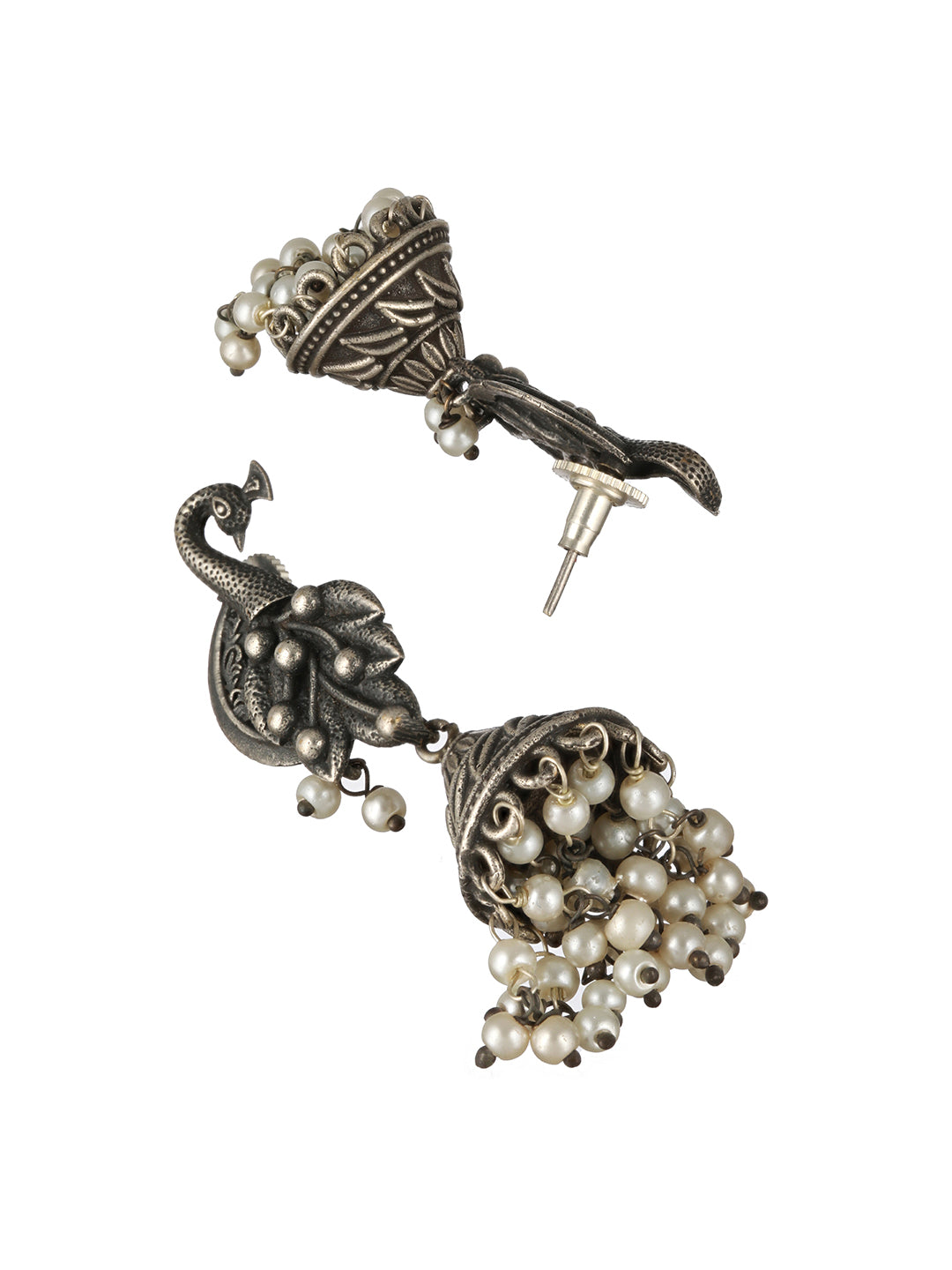 Priyaasi Oxidised Silver Peacock Pearl Drop Jhumka Earrings
