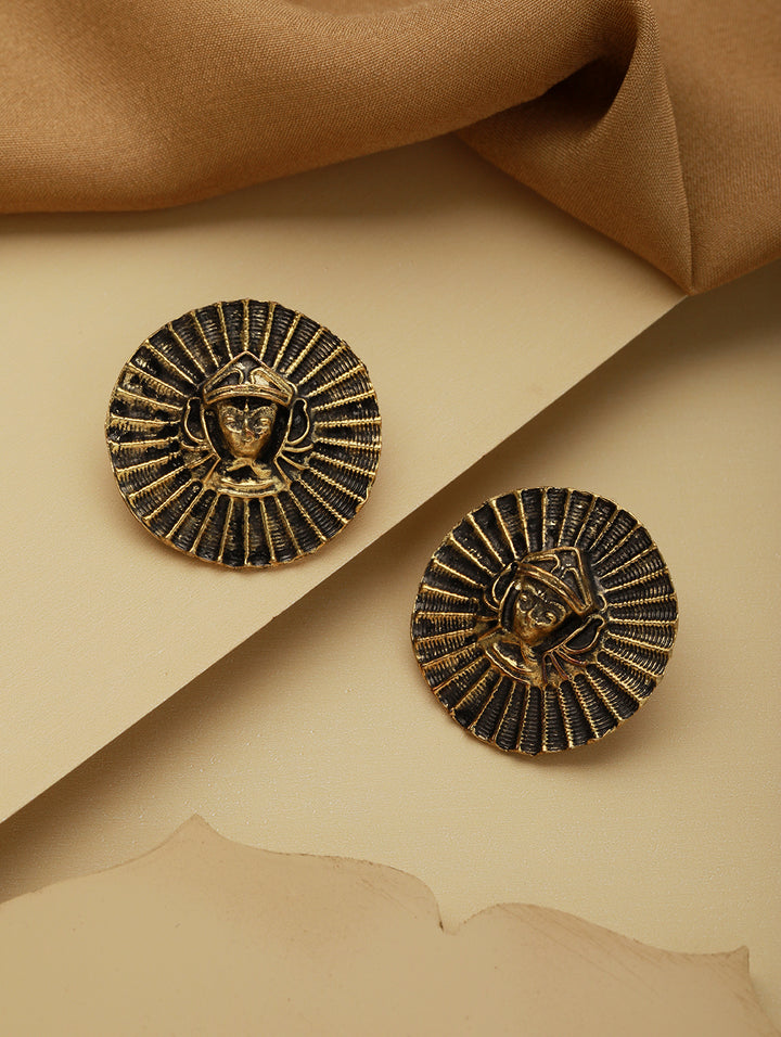 Priyaasi Oxidised Round Tribal Mummy Gold-Plated Stud Earrings