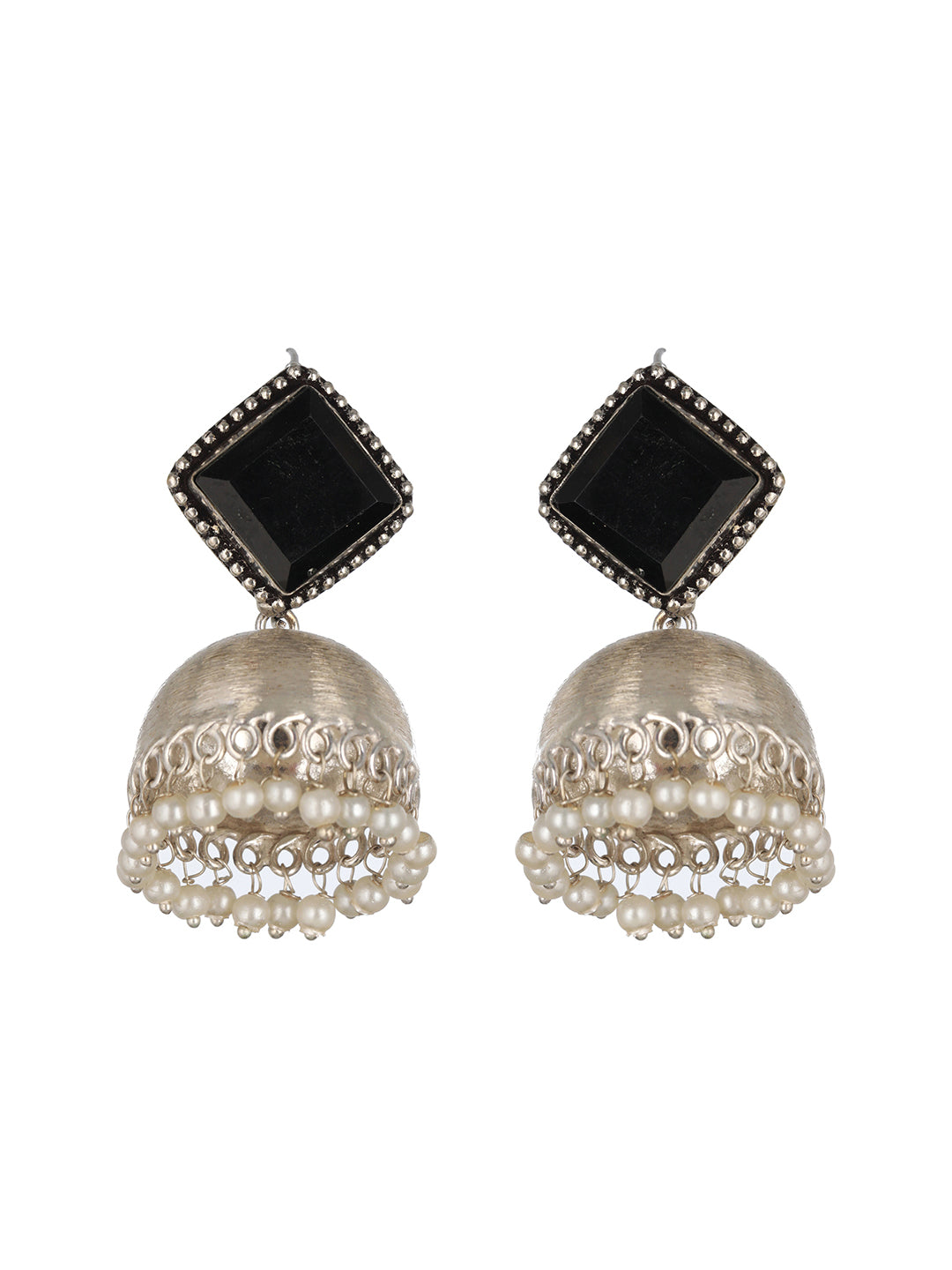 Priyaasi Studded Black Beaded Silver-Plated Jhumka Earrings
