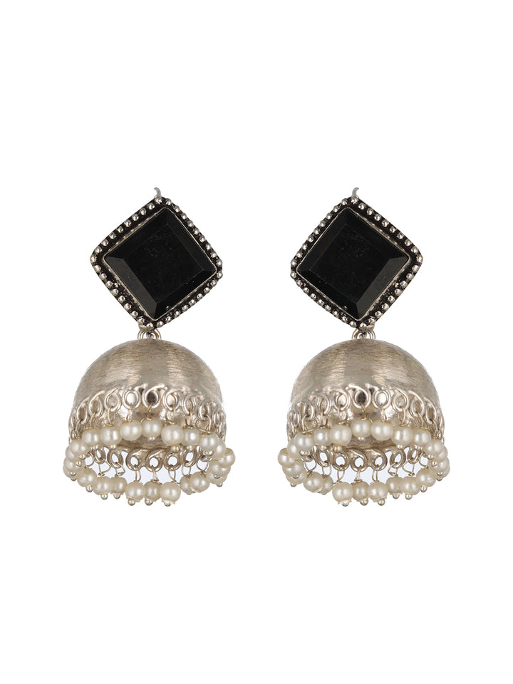 Priyaasi Studded Black Beaded Silver-Plated Jhumka Earrings