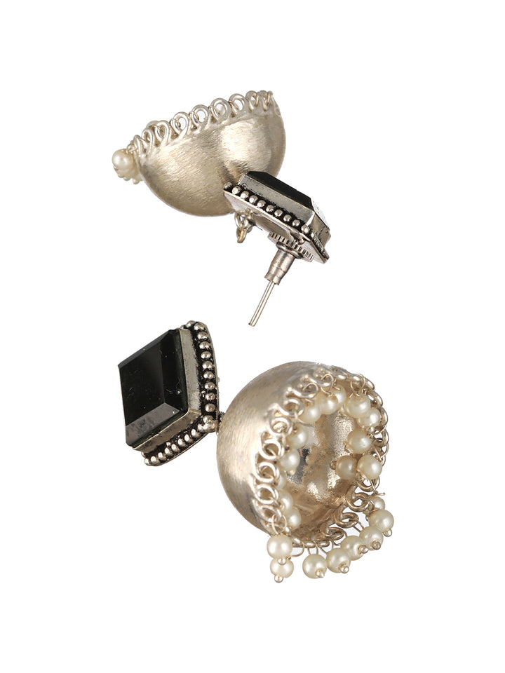 Priyaasi Studded Black Beaded Silver-Plated Jhumka Earrings