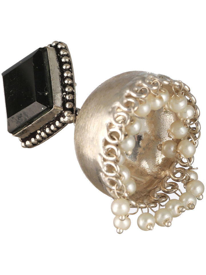Priyaasi Studded Black Beaded Silver-Plated Jhumka Earrings