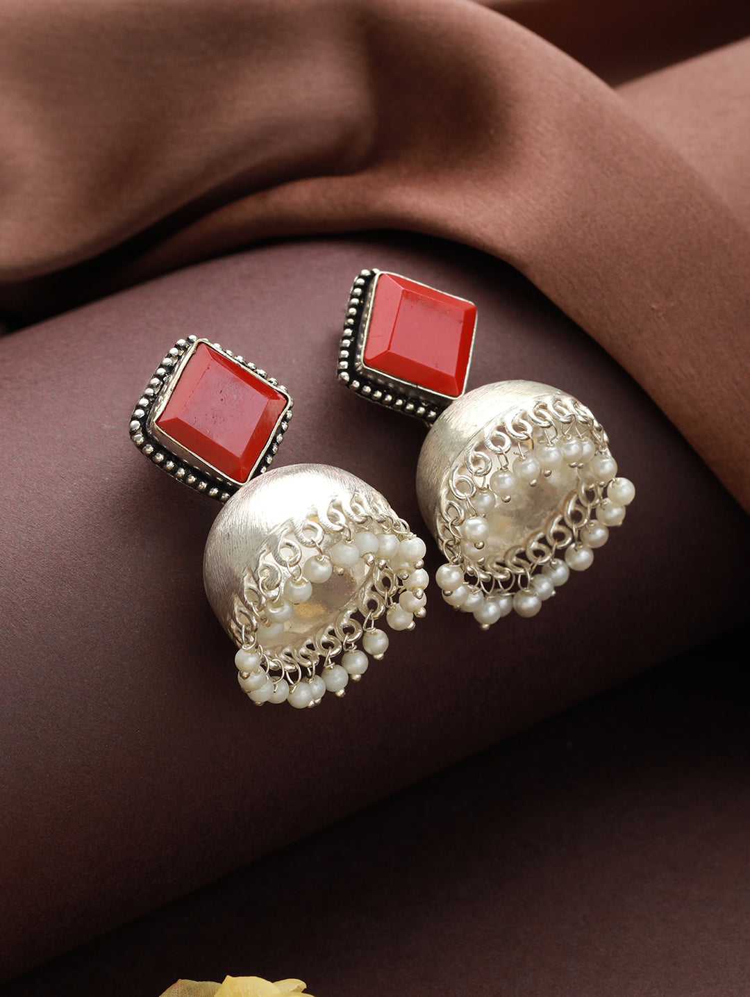 Priyaasi Studded Red Beaded Silver-Plated Jhumka Earrings